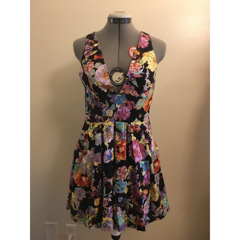 Handmade tropical floral plunge mini dress